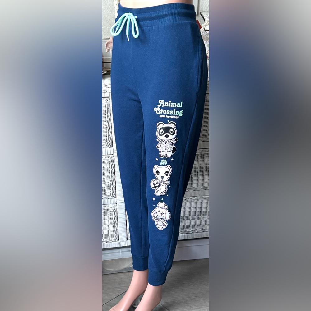 Animal Crossing Joggers Cotton sweatpants Fleece Lined Tapered Legs Blue Size L